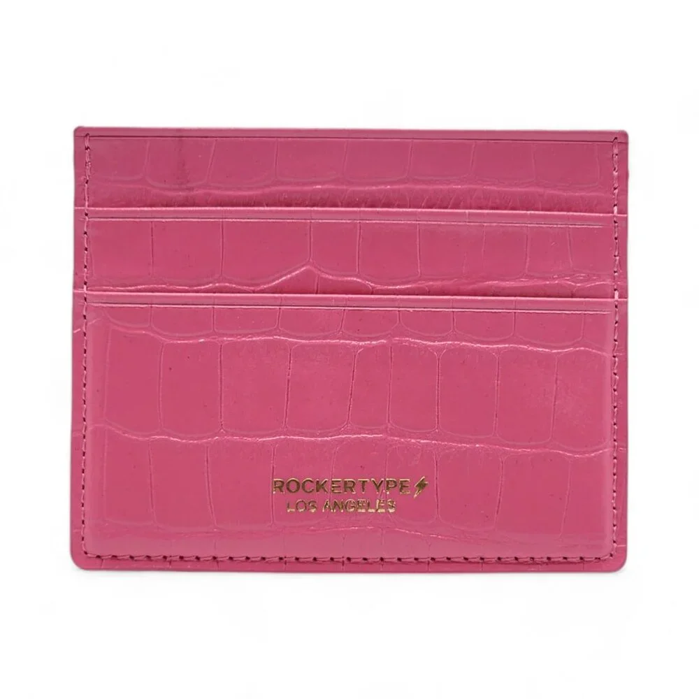 Rockertype Cardholder Wallet Crocodile Embossed Italian Leather Pink